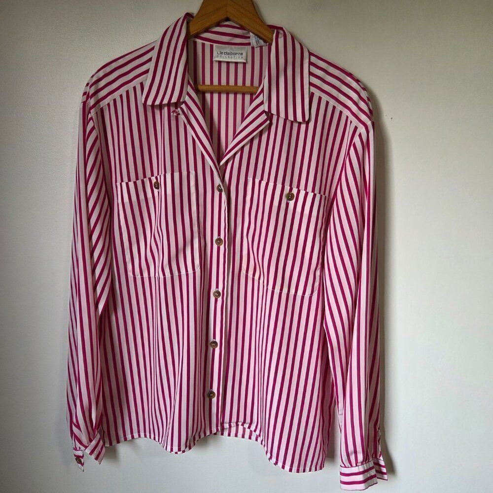 EUC LIZ CLAIBORNE PINK WHITE STRIPED BUTTON DOWN LONGSLEEVES SHIRT SZ 6